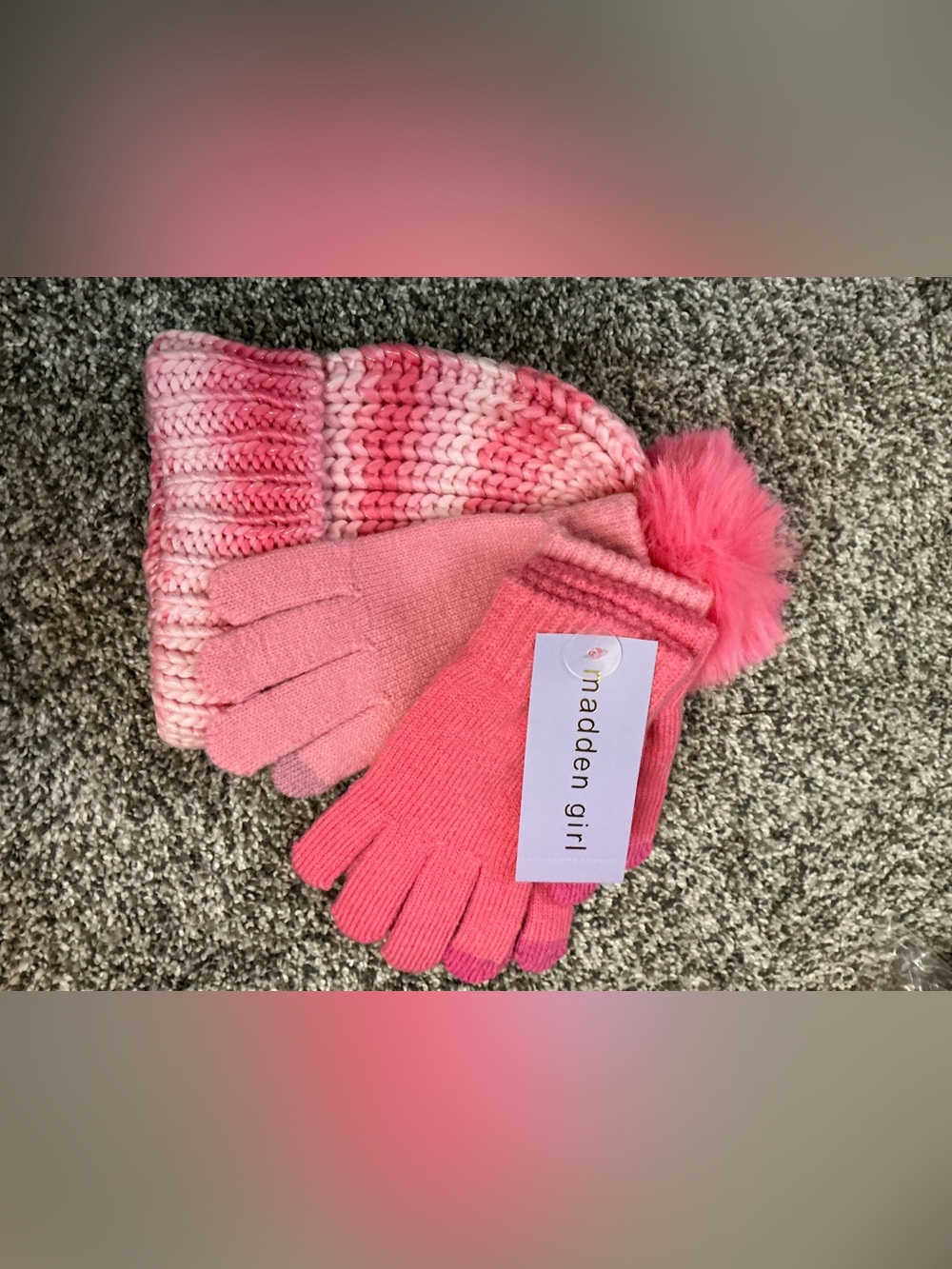 Madden Girl Pink Ombre Pom Beanie & 2 Pairs Gloves Set M/L NWT